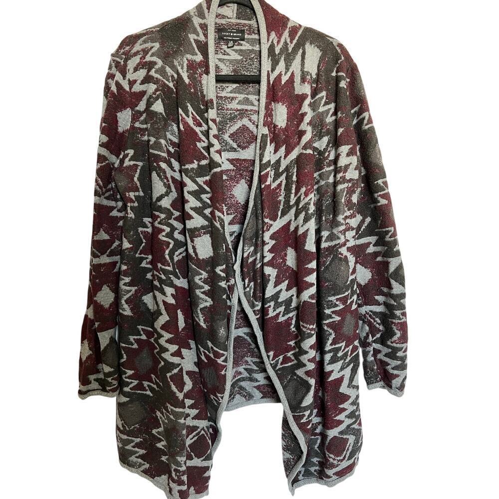Lucky Brand Aztec Drape Cardigan, Large, Red and Gray, High Low, Southwest